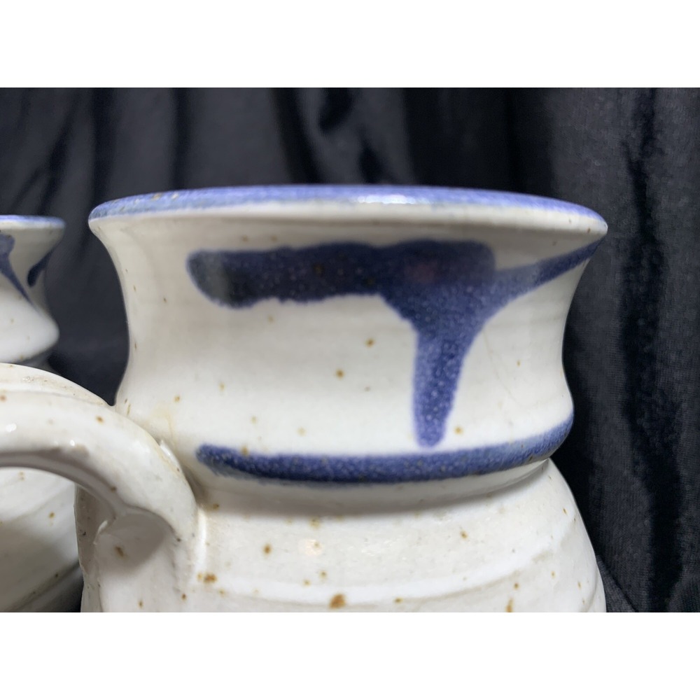 Stoneware Mugs (2) Studio Pottery  Oatmeal speckled Blue drip paint Round belly - Picture 8 of 14